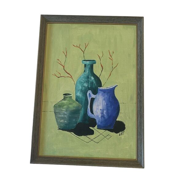 Mid 20th Century Painting Oil On Board Still Life “Three Jugs” Artist Signed - Picture 2 of 12